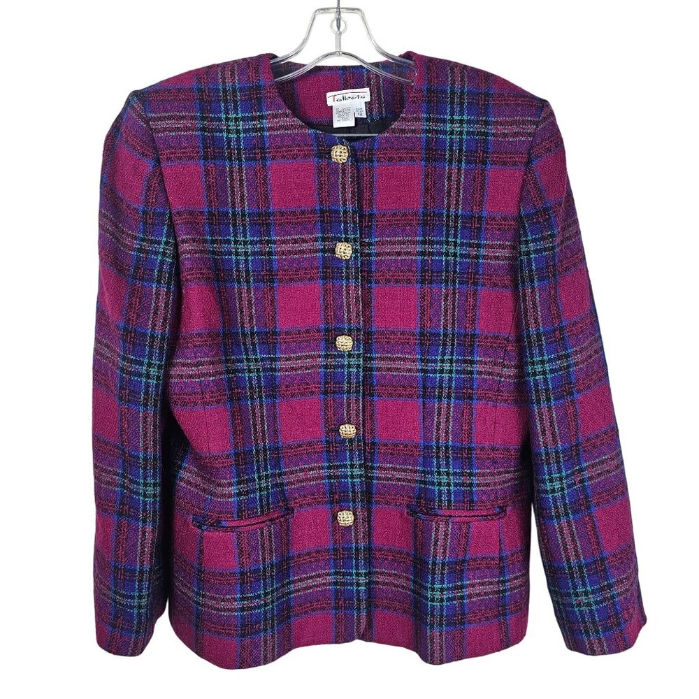 Vintage Talbots Wool Structured Collarless Blazer 12‎ Red Plaid Gold Buttons